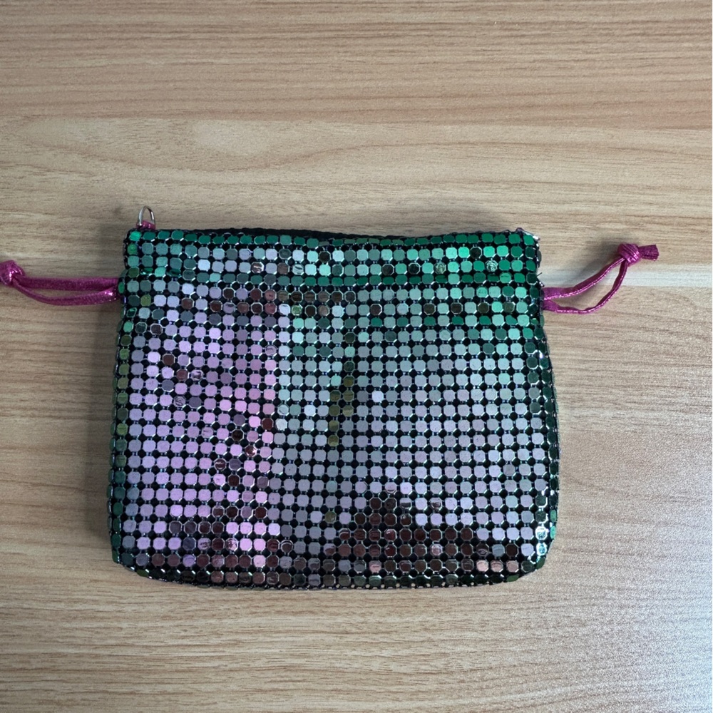 AQUA Metallic Bag Drawstring Pouch Multicolor Metal Sequin Purse